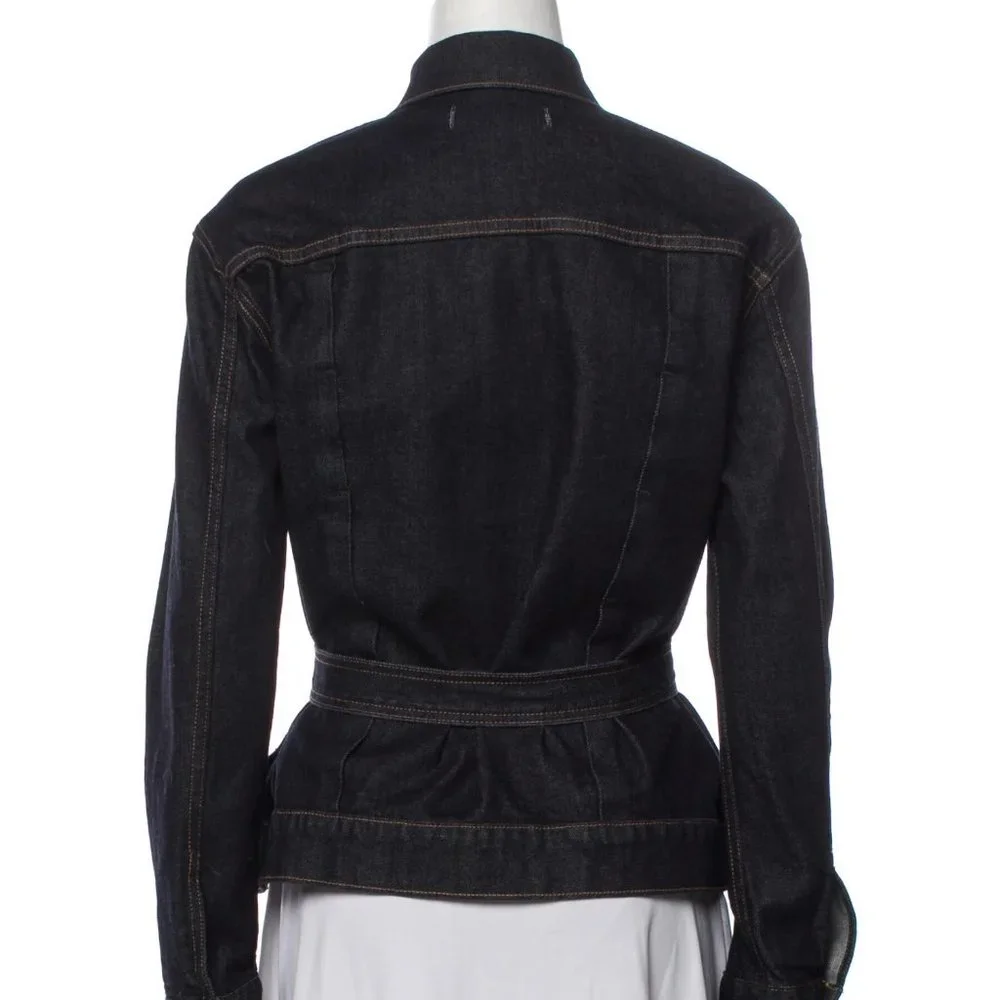 Trave Blue Pointed Collar Flap Pockets Button Closure Belted Denim Jacket Small - Picture 3 of 12